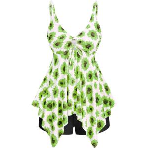 ROSE GAL Rosegal Women Plus Size Modest Tankini Swimsuit Handkerchief Sunflower Cinched Boyleg Swimwer(Green_2)