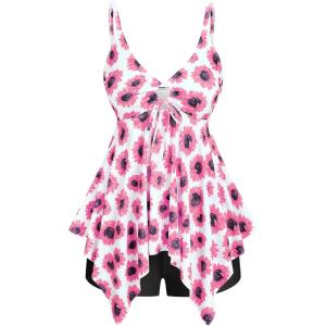 ROSE GAL Rosegal Women Plus Size Modest Tankini Swimsuit Handkerchief Sunflower Cinched Boyleg Swimwer(Pink_1)