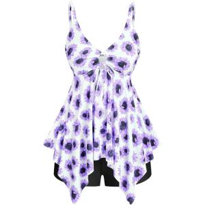 ROSE GAL Rosegal Women Plus Size Modest Tankini Swimsuit Handkerchief Sunflower Cinched Boyleg Swimwer(Purple_1)
