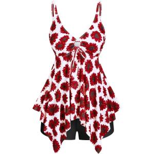 ROSE GAL Rosegal Women Plus Size Modest Tankini Swimsuit Handkerchief Sunflower Cinched Boyleg Swimwer(Red_1)