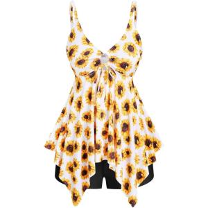 ROSE GAL Rosegal Women Plus Size Modest Tankini Swimsuit Handkerchief Sunflower Cinched Boyleg Swimwer(Yellow_100)