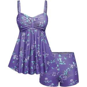 ROSE GAL Rosegal Women Plus Size Modest Tankini Swimsuit Two Piece Bathing Suits Floral Print Swim Tops with Boy Shorts(Purple_1)