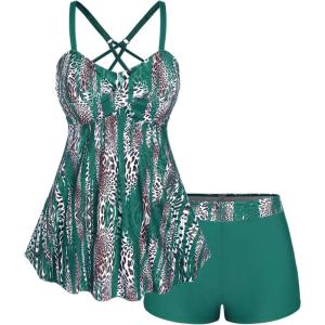 ROSE GAL Rosegal Women Plus Size Modest Tankini Swimsuit Two Piece Bathing Suits Leopard Print Swim Tops with Boy Shorts(Green)