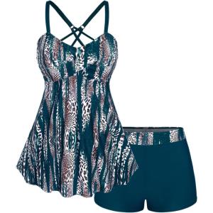 ROSE GAL Rosegal Women Plus Size Modest Tankini Swimsuit Two Piece Bathing Suits Leopard Print Swim Tops with Boy Shorts(Peacock Blue)