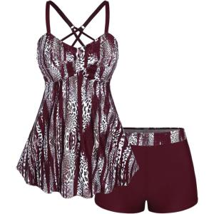 ROSE GAL Rosegal Women Plus Size Modest Tankini Swimsuit Two Piece Bathing Suits Leopard Print Swim Tops with Boy Shorts(Wine Red)