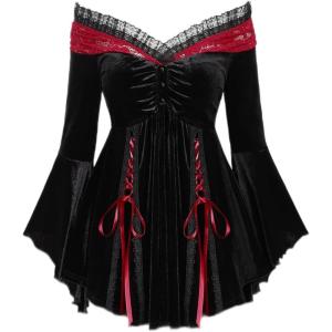 ROSE GAL Rosegal Women Plus Size Romantic Gothic Lace-up Lace Panel Ruched Bell Sleeves Velvet Tee(Black_2)