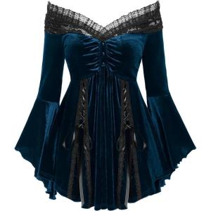 ROSE GAL Rosegal Women Plus Size Romantic Gothic Lace-up Lace Panel Ruched Bell Sleeves Velvet Tee(Blue_5)