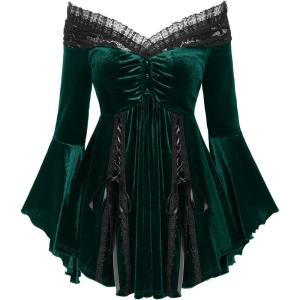 ROSE GAL Rosegal Women Plus Size Romantic Gothic Lace-up Lace Panel Ruched Bell Sleeves Velvet Tee(Green_1)