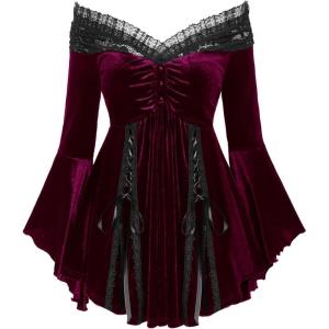 ROSE GAL Rosegal Women Plus Size Romantic Gothic Lace-up Lace Panel Ruched Bell Sleeves Velvet Tee(Red_1)