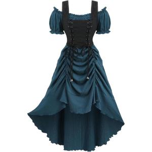 ROSE GAL Rosegal Women Plus Size Steampunk Renaissance Costume Dress Cold Shoulder Ruffles Lace-up High Low Dress(Blue_1)