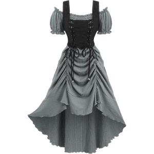 ROSE GAL Rosegal Women Plus Size Steampunk Renaissance Costume Dress Cold Shoulder Ruffles Lace-up High Low Dress(Gray_1)