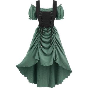 ROSE GAL Rosegal Women Plus Size Steampunk Renaissance Costume Dress Cold Shoulder Ruffles Lace-up High Low Dress(Green_1)