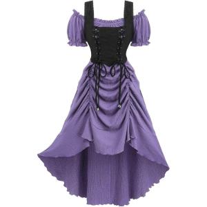 ROSE GAL Rosegal Women Plus Size Steampunk Renaissance Costume Dress Cold Shoulder Ruffles Lace-up High Low Dress(Purple_2)