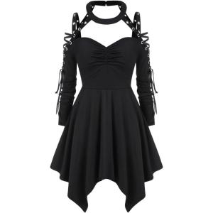 ROSE GAL Rosegal Womens Plus Size Gothic Choker Lace-up Grommets Cutout Handkerchief Hem Cold Shoulder Long Sleeve Tunic Top(Black_3)