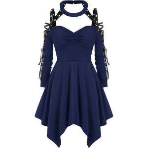 ROSE GAL Rosegal Womens Plus Size Gothic Choker Lace-up Grommets Cutout Handkerchief Hem Cold Shoulder Long Sleeve Tunic Top(Blue)