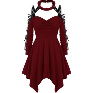 ROSE GAL Rosegal Womens Plus Size Gothic Choker Lace-up Grommets Cutout Handkerchief Hem Cold Shoulder Long Sleeve Tunic Top(Red)