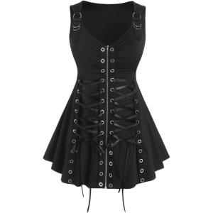ROSE GAL Rosegal Womens Plus Size Gothic Lace Up Grommets Full Zipper Sleeveless Strap Tank Top(Black_8)