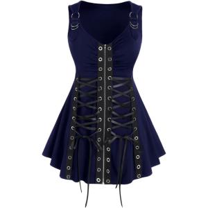 ROSE GAL Rosegal Womens Plus Size Gothic Lace Up Grommets Full Zipper Sleeveless Strap Tank Top(Deep Blue)