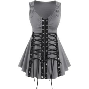 ROSE GAL Rosegal Womens Plus Size Gothic Lace Up Grommets Full Zipper Sleeveless Strap Tank Top(Gray)