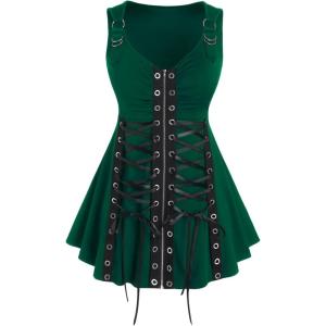 ROSE GAL Rosegal Womens Plus Size Gothic Lace Up Grommets Full Zipper Sleeveless Strap Tank Top(Green_1)