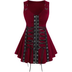 ROSE GAL Rosegal Womens Plus Size Gothic Lace Up Grommets Full Zipper Sleeveless Strap Tank Top(Red)