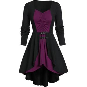 ROSE GAL Rosegal Womens Plus Size Gothic Lace-up Back Two Tone Ruched Grommets Buckle Long Sleeve High Low Hem Tunic T-Shirt(Black)