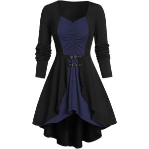 ROSE GAL Rosegal Womens Plus Size Gothic Lace-up Back Two Tone Ruched Grommets Buckle Long Sleeve High Low Hem Tunic T-Shirt(Blue)