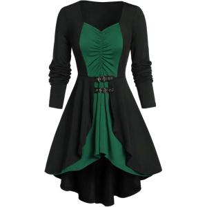 ROSE GAL Rosegal Womens Plus Size Gothic Lace-up Back Two Tone Ruched Grommets Buckle Long Sleeve High Low Hem Tunic T-Shirt(Green)