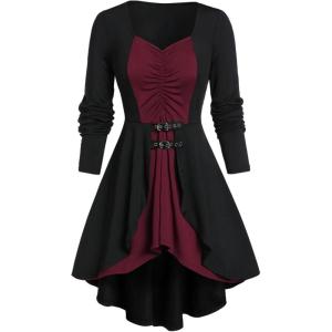 ROSE GAL Rosegal Womens Plus Size Gothic Lace-up Back Two Tone Ruched Grommets Buckle Long Sleeve High Low Hem Tunic T-Shirt(Red_1)