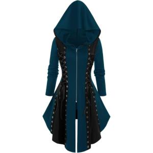 ROSE GAL Rosegal Womens Plus Size Hooded Lace-up Grommets Color Block Gothic Zip Front Asymmetrical Hem Long Sleeve Top(Blue)