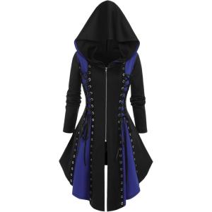 ROSE GAL Rosegal Womens Plus Size Hooded Lace-up Grommets Color Block Gothic Zip Front Asymmetrical Hem Long Sleeve Top(Blue_1)