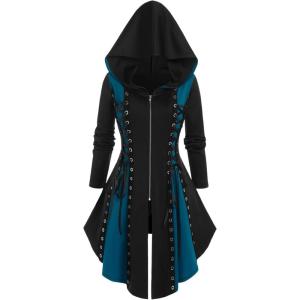 ROSE GAL Rosegal Womens Plus Size Hooded Lace-up Grommets Color Block Gothic Zip Front Asymmetrical Hem Long Sleeve Top(Blue_2)