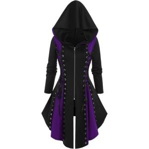 ROSE GAL Rosegal Womens Plus Size Hooded Lace-up Grommets Color Block Gothic Zip Front Asymmetrical Hem Long Sleeve Top(Purple)