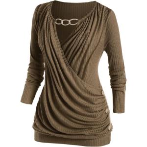 ROSE GAL Rosegal Womens Plus Size Wide Ribbed Keyhole Cutout Draped Ruched Surplice Wrap Long Sleeve Blouson Top(Coffee)