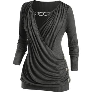 ROSE GAL Rosegal Womens Plus Size Wide Ribbed Keyhole Cutout Draped Ruched Surplice Wrap Long Sleeve Blouson Top(Deep Gray)