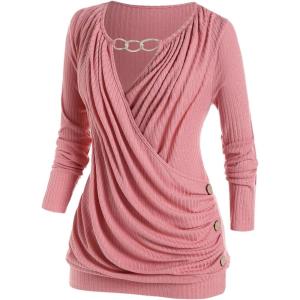 ROSE GAL Rosegal Womens Plus Size Wide Ribbed Keyhole Cutout Draped Ruched Surplice Wrap Long Sleeve Blouson Top(Pink)