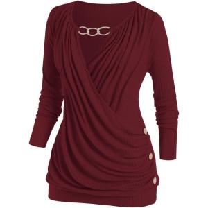 ROSE GAL Rosegal Womens Plus Size Wide Ribbed Keyhole Cutout Draped Ruched Surplice Wrap Long Sleeve Blouson Top(Red)