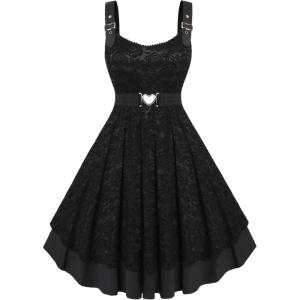 ROSE GAL Women Plus Size 1950s Vintage Floral Lace Jacquard Belt Fit and Flare Dress Cocktail Party Dress(Balck_1)