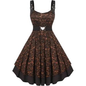 ROSE GAL Women Plus Size 1950s Vintage Floral Lace Jacquard Belt Fit and Flare Dress Cocktail Party Dress(Coffee_1)
