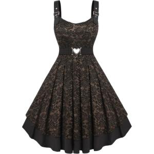 ROSE GAL Women Plus Size 1950s Vintage Floral Lace Jacquard Belt Fit and Flare Dress Cocktail Party Dress(Coffee_2)