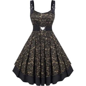 ROSE GAL Women Plus Size 1950s Vintage Floral Lace Jacquard Belt Fit and Flare Dress Cocktail Party Dress(Golden_1)