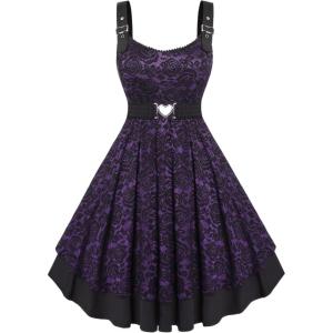 ROSE GAL Women Plus Size 1950s Vintage Floral Lace Jacquard Belt Fit and Flare Dress Cocktail Party Dress(Purple_3)