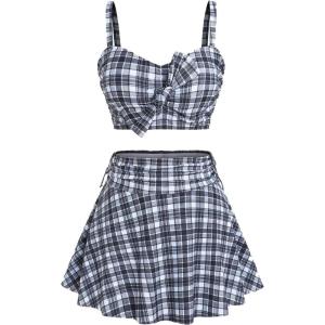 ROSE GAL Women Plus Size 3 Piece Tankini Swimsuit Vintage Bowknot Plaid Tummy Control Bathing Suit(Black_1)