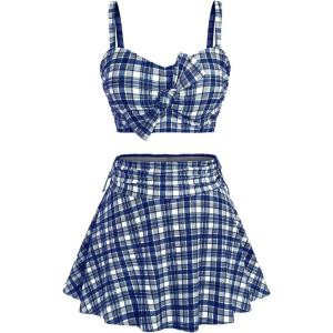 ROSE GAL Women Plus Size 3 Piece Tankini Swimsuit Vintage Bowknot Plaid Tummy Control Bathing Suit(Blue_1)