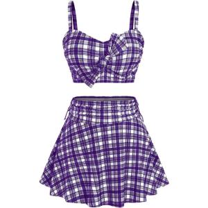 ROSE GAL Women Plus Size 3 Piece Tankini Swimsuit Vintage Bowknot Plaid Tummy Control Bathing Suit(Purple_1)