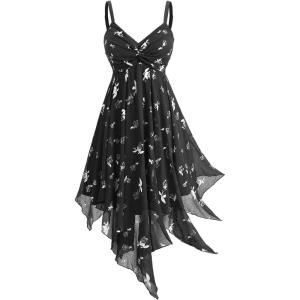 ROSE GAL Women Plus Size Butterfly Print Empire Waist Handkerchief Hem Backless Midi Flowy Dress(Black)