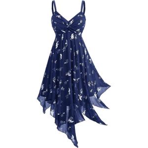 ROSE GAL Women Plus Size Butterfly Print Empire Waist Handkerchief Hem Backless Midi Flowy Dress(Deep Blue)
