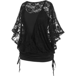 ROSE GAL Women Plus Size Cinched Ruched Batwing Sleeves Lace 2 in 1 Tee Blouson Top(Black-216a)