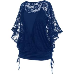 ROSE GAL Women Plus Size Cinched Ruched Batwing Sleeves Lace 2 in 1 Tee Blouson Top(Blue_1)