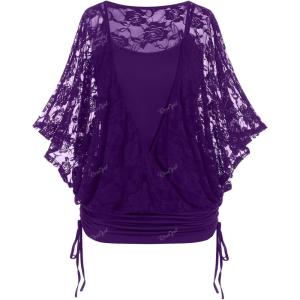 ROSE GAL Women Plus Size Cinched Ruched Batwing Sleeves Lace 2 in 1 Tee Blouson Top(Purple_1)